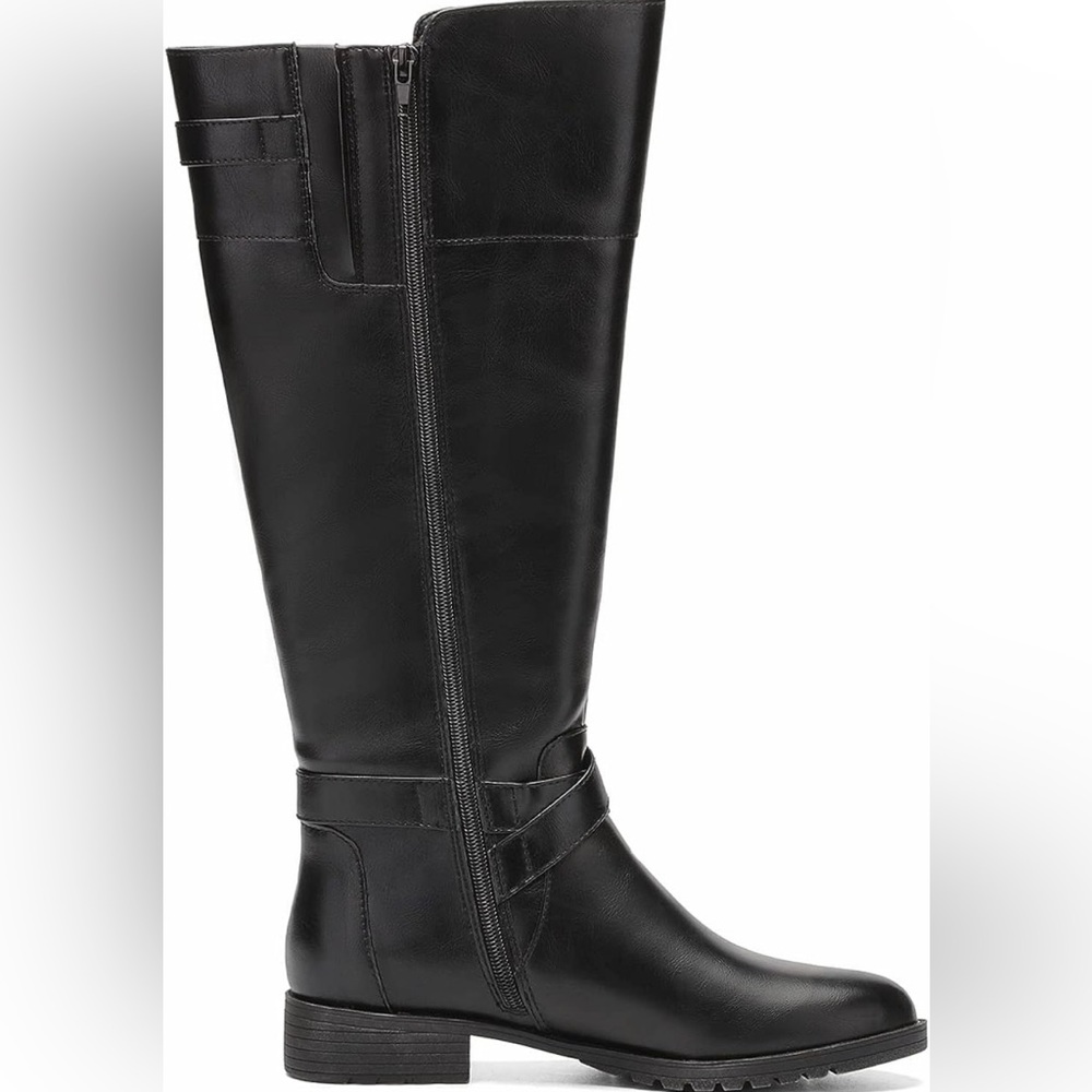 Low Heel Knee High Boots Wide Calf Buckle Strap